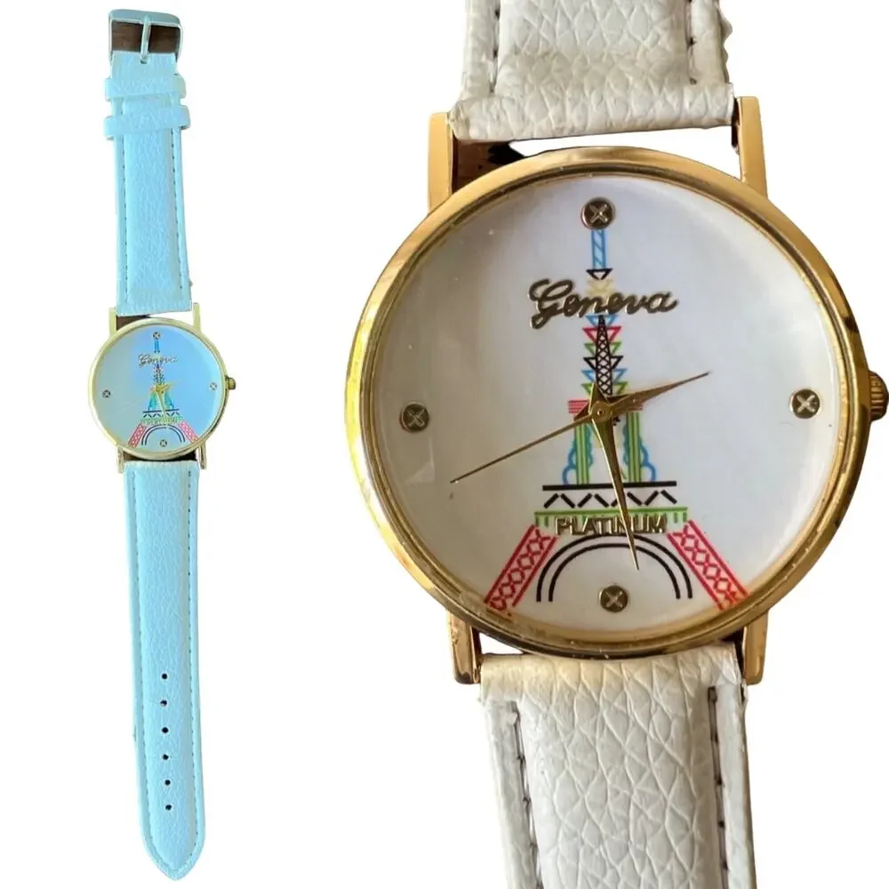 Paris Eiffel Tower White Vegan Leather Gold Tone Buckle Strap Analog Watch MINT